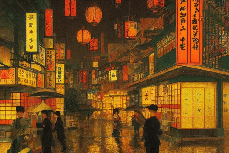 Prompt: painting of the streets of tokyo, at night, lanterns, neon, raining, romantic, by ludwig deutsch and maxfield parrish, patterned tilework, extremely detailed, cinematic lighting, smooth sharp focus