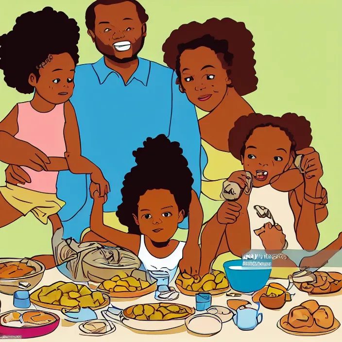 Image similar to African American family in 1979 with two daughters and a son eating chicken, mash potatoes, and rolls for dinner. Cartoon version