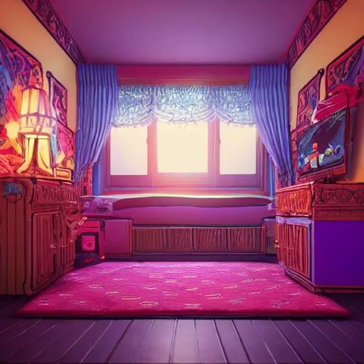 Prompt: 80s gaming kid's bedroom:: by beeple and James Gilleard and Justin Gerard :: ornate, dynamic, particulate, intricate, elegant, highly detailed, centered, artstation, smooth, sharp focus, octane render, 3d