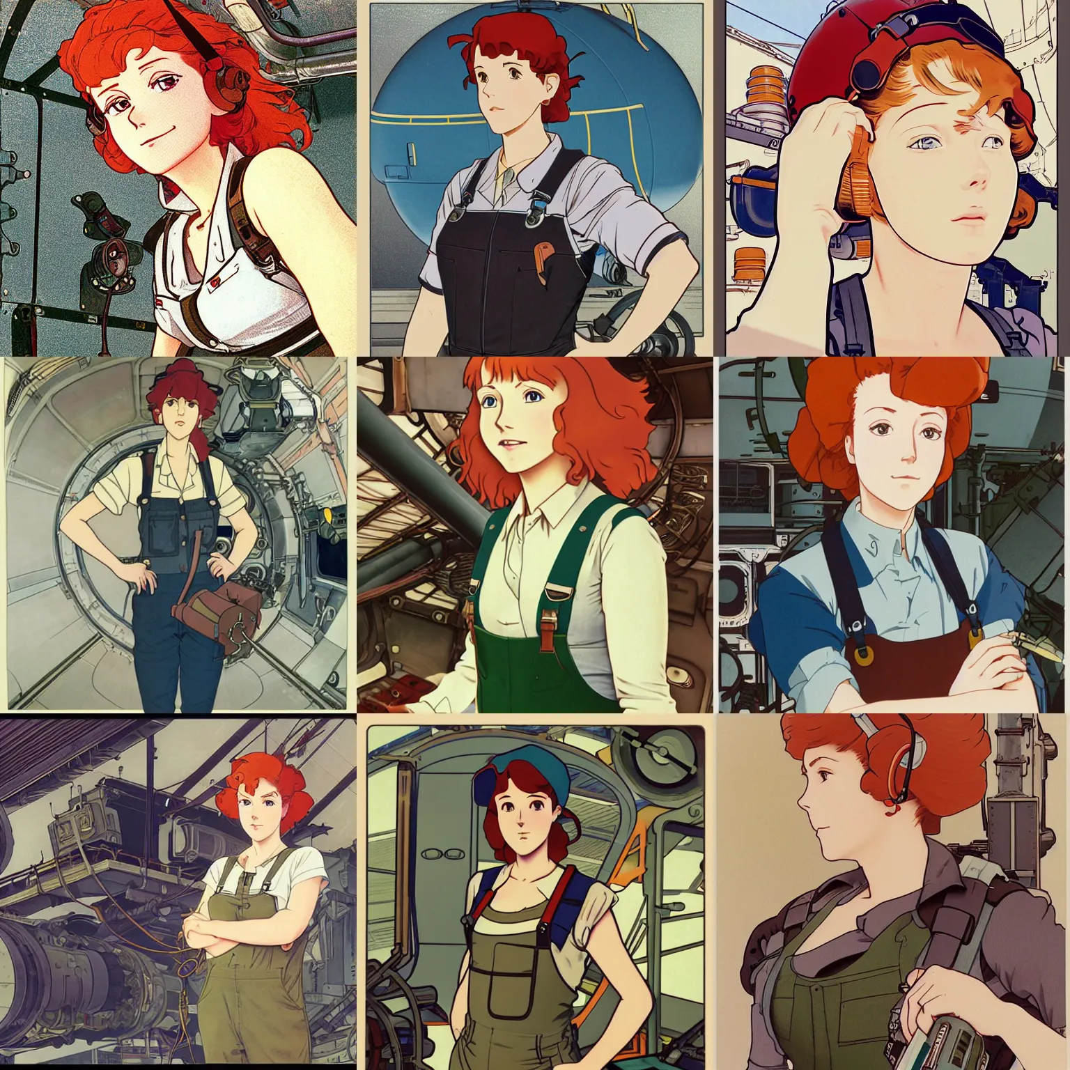 Prompt: Portrait of a tank top and dungaree-clad redheaded female airship engineer working in the lower deck of a ship, dieselpunk, defined facial features, highly detailed, animation cel, official Kyoto Animation and Studio Ghibli anime screenshot, by Ilya Kuvshinov and Alphonse Mucha