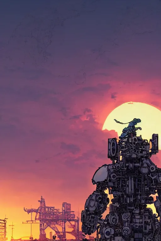 Image similar to A real photo of a Mechanical Bear and the sunset in the distance, by Josan Gonzalez, Yoji Shinkawa and Geof Darrow, highly detailed, Unreal Engine Render, 3D, 8k wallpaper