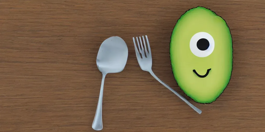 Image similar to cute smiling avocado robot with cute eyes and forks instead of arms