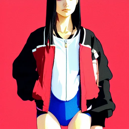 Image similar to a beautiful japanese natalie portman gravure model, wearing oversized native designer bomber jacket and leotard with overalls, bulky poofy bomber jacket with mesoamerican patterns, mesoamerican native street fashion, gapmoe yandere grimdark, trending on pixiv fanbox, painted by greg rutkowski makoto shinkai takashi takeuchi studio ghibli, akihiko yoshida