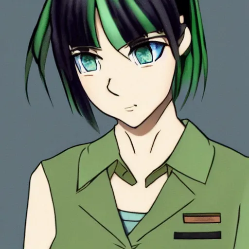 Prompt: brunette woman, bright green eyes, short hair, flipped out hair, military uniform, anime style