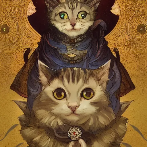 Image similar to A heraldic kitty cat with big cute eyes, D&D, fantasy, intricate, cinematic lighting, highly detailed, digital painting, artstation, concept art, smooth, sharp focus, illustration, art by Akihiko Yoshida, Greg Rutkowski and Alphonse Mucha