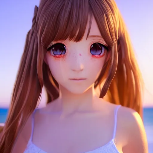 Prompt: Render of a beautiful 3d anime girl, long hair, hazel eyes, cute freckles, full round face, short smile, cute sundress, golden hour, serene beach setting, medium shot, mid-shot, highly detailed, trending on Artstation, Unreal Engine 4k