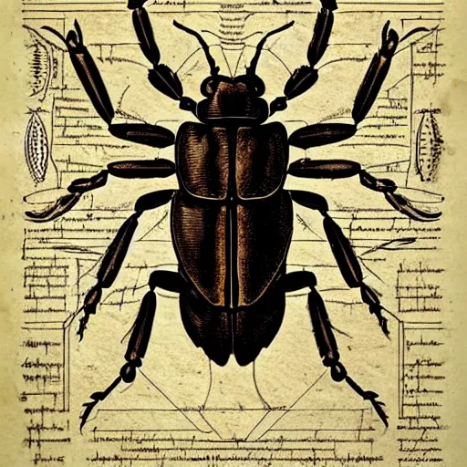 Prompt: longhorn beetle, plan by da vinci , infographic,intricate details, ink on paper,sketch, scientific drawing, vintage art nouveau poster, HR Giger