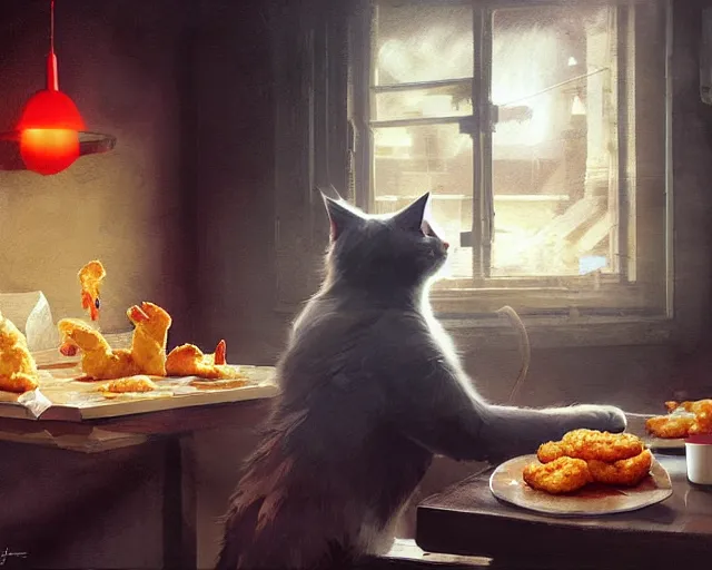 Image similar to a cat eating chicken nuggets from mcdonald's, very detailed digital art, dynamic lighting, moody atmosphere, dark background, 4 k portrait art by artgerm, greg rutkowski, craig mullins