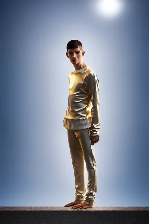 Image similar to un ultra high definition studio quality photographic art portrait of a young man standing on the rooftop of a british apartment building wearing soft padded silver pearlescent clothing. three point light. extremely detailed. golden ratio, ray tracing, volumetric light, shallow depth of field. set dressed.