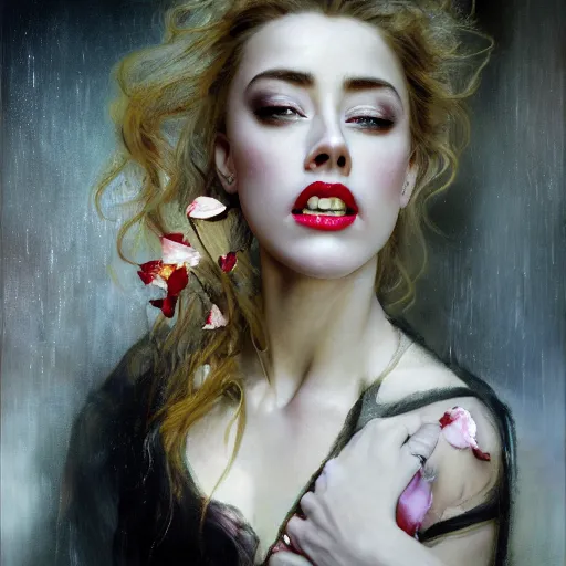 Prompt: hyperrealistic portrait of a woman as amber heard as a vampire witch tears makeup bun in a black flower coat turned back reflection in a window portrait cracks with falling petals. by jeremy mann and alphonse mucha, fantasy art, photo realistic, dynamic lighting, artstation, poster, volumetric lighting, very detailed faces, 4 k, award winning