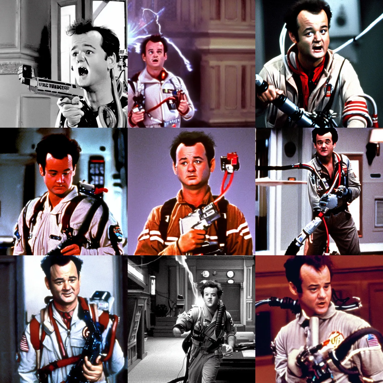 Prompt: young bill murray as peter venkman zapping a ghost still from eighties ghostbusters