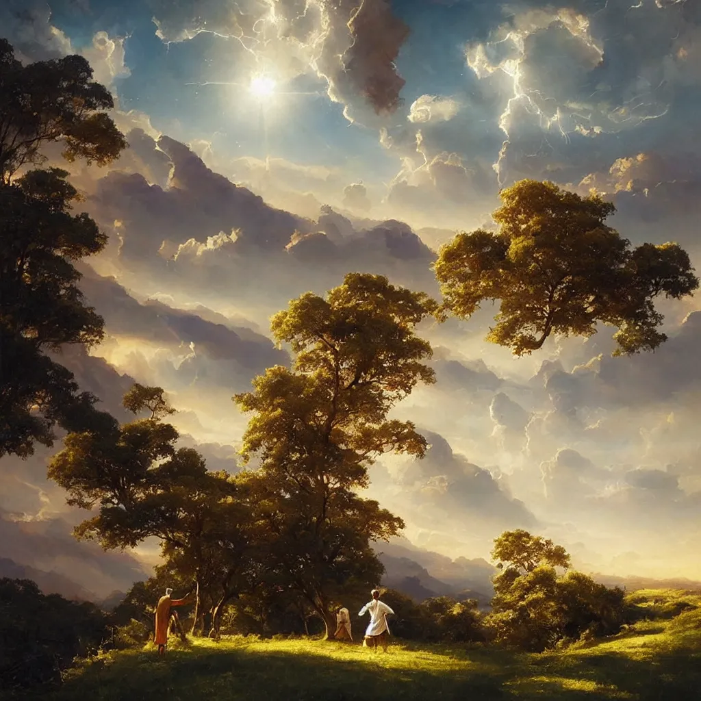 Image similar to a sending down [ of the revelation ] from him who created the earth and the lofty heavens, overdetailed art, by greg rutkowski, by rhads, sharp focus, god looking at me, a tree and river on foreground ground