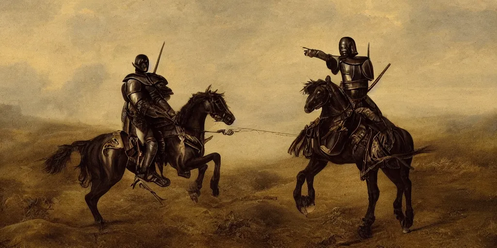 Prompt: Ben EvrardPro a whole-length portrait of a black knight on horseback many dry branch with man ,wearing armor , In the morning mist ,in style of realistic