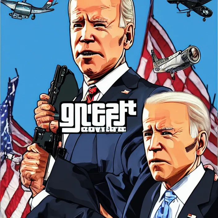 Prompt: GTA Cover art, with Joe Biden, Art by Stephen Bliss