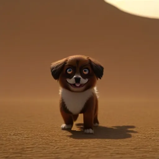 Image similar to tibetan spaniel as nendoroid walking in a desert in the croods movie style, anime, disney, pixar, 8 k, hd, dof, kodak film, volumetric lighting, subsurface scattering, photorealistic, octane render, details