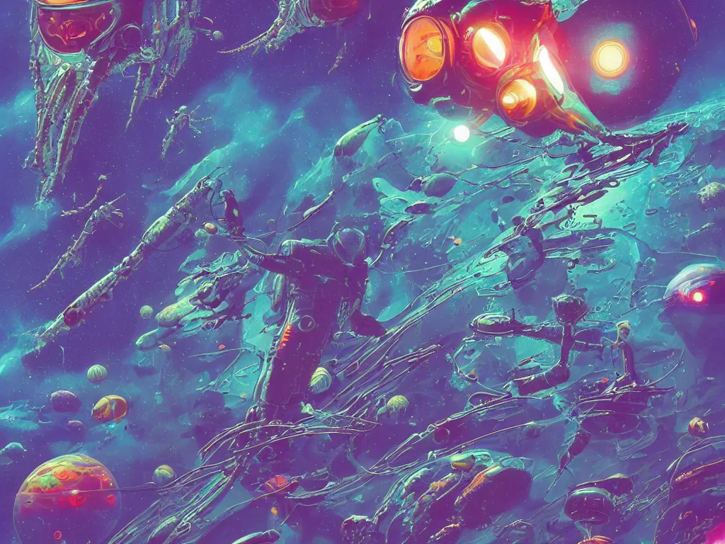 Prompt: a digital painting of an astronaut!!!!!! floating in a bright colorful alien ocean surrounded by alien fish, sharp focus, retro futuristic by beeple, wayne barlowe, roger dean and ernst haeckel