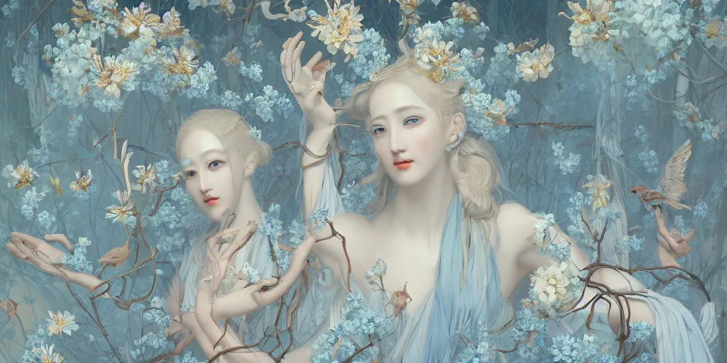 Image similar to breathtaking detailed concept art painting art deco pattern of blonde faces goddesses amalmation light - blue flowers with anxious piercing eyes and blend of flowers and birds, by hsiao - ron cheng and john james audubon, bizarre compositions, exquisite detail, extremely moody lighting, 8 k