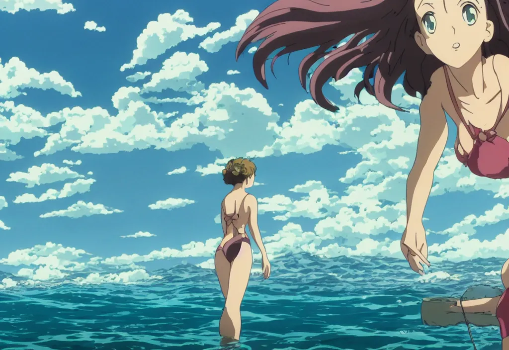 Prompt: A woman in a bathing suit watching as a primordial sea God rises from the ocean, Kyoto Animation still