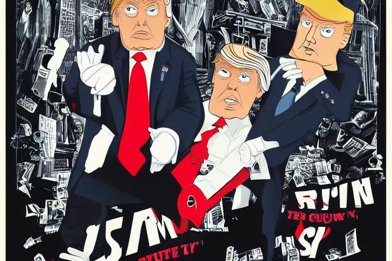 Image similar to 2 d poster illlustration donald trump and donald trump wearing trenchcoats and black spy hats, stacks of boxes everywhere and a safe broken open for the movie spy vs spy