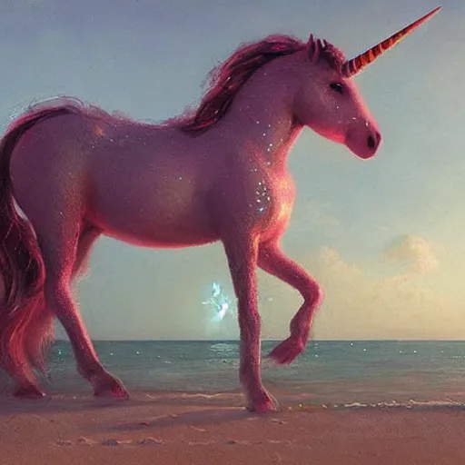 Image similar to a pink unicorn wearing headphones, at a beach party in Ibiza, Greg Rutkowski, art station