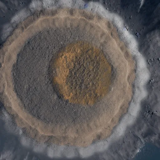 Prompt: octane render, texture, top down of a crater on the planet, cinematic lighting, hyperrealistic