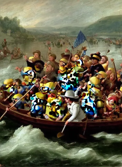 Prompt: minions crossing the delaware, oil painting by emanuel leutze, exact replica