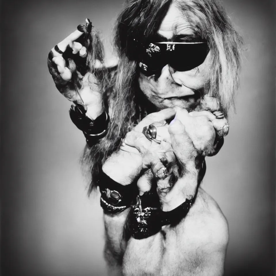 Image similar to a black and white studio portrait of a humanoid duck ozzy osbourne, studio lighting, tri - x