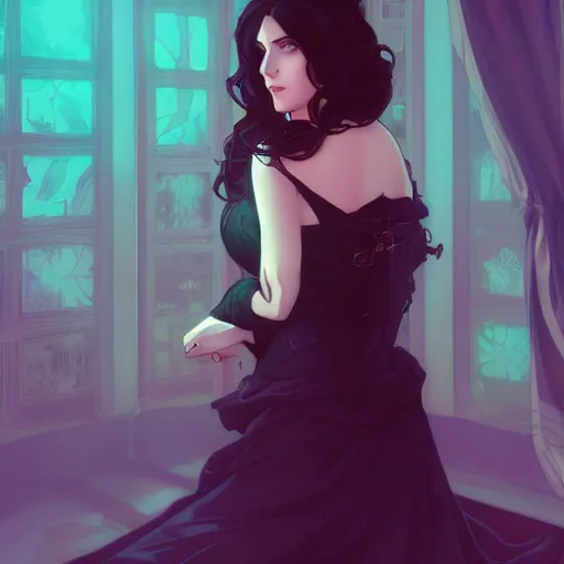 Image similar to Yennefer, ambient lighting, 4k, alphonse mucha, lois van baarle, ilya kuvshinov, rossdraws, artstation