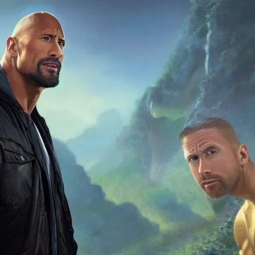 Image similar to Dwayne Johnson and Ryan Gosling Save the World, fantasy, intricate, elegant, highly detailed, digital painting, artstation, concept art, smooth, sharp focus, illustration, art by artgerm and greg rutkowski and alphonse mucha