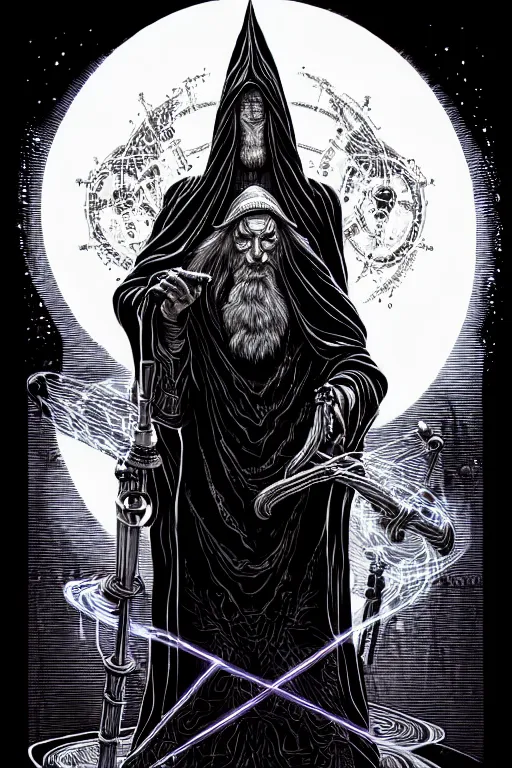 Image similar to cloaked ancient alchemist wizard casting a spell, high details, lineart, by vincent di fate and joe fenton,, inking, screen print, masterpiece, trending on artstation, sharp, high contrast, hyper - detailed, hd, 4 k, 8 k