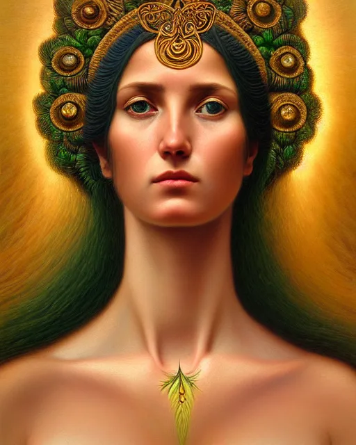 Prompt: portrait of the goddess of nature, unusual beauty, emotionally evoking symbolic metaphors, head in focus, fantasy, ornamental, intricate, elegant, sensual, highly detailed digital painting, artstation, concept art, painterly, golden ratio, sharp focus, illustration, art by John William Godward and Zdzisław Beksiński,