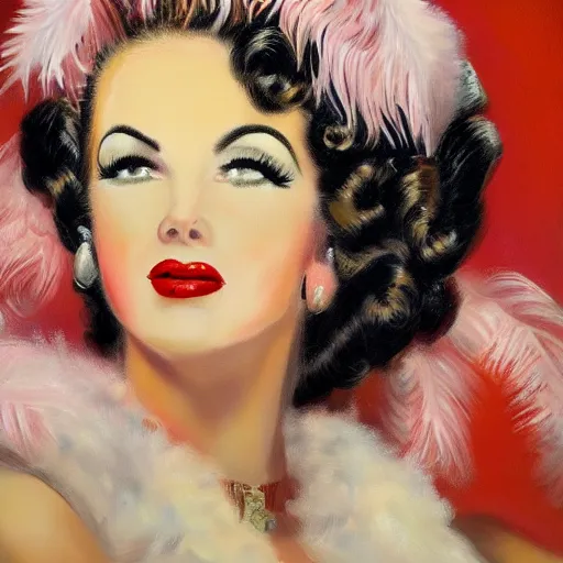 Prompt: texas showgirl, big hair, feathers, 1 9 4 0 s, oil painting, pale colors, high detail, 8 k, wide angle, trending on artstation