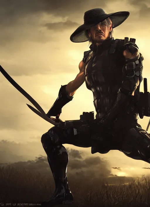 Image similar to a photorealistic hyperrealistic render of a raiden metal gear solid wielding a katana sword and wearing a straw hat, lightning crackling from his hands, greg rutkowski, wlop, artgerm, dramatic moody sunset lighting, long shadows, volumetric, cinematic atmosphere, octane render, artstation, 8 k