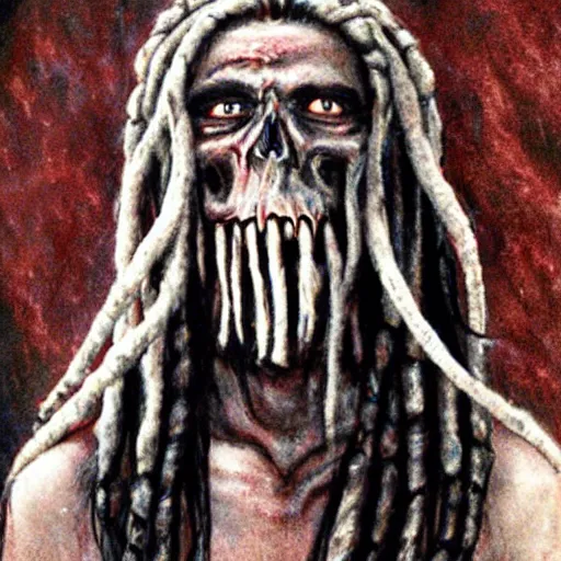 Image similar to a horror shaman with dreadlocks in sacrament of death