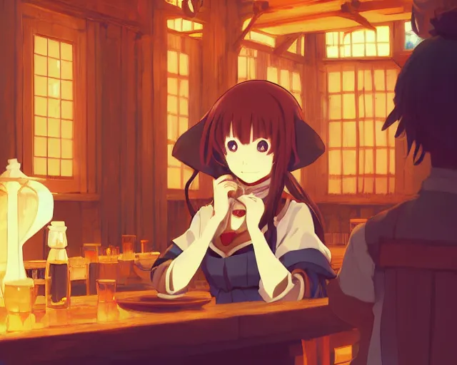 Image similar to anime visual, portrait of a young female traveler in a busy fantasy medieval tavern interior, cute face by yoh yoshinari, katsura masakazu, studio lighting, dynamic pose, dynamic perspective, strong silhouette, anime cels, ilya kuvshinov, cel shaded, crisp and sharp, rounded eyes