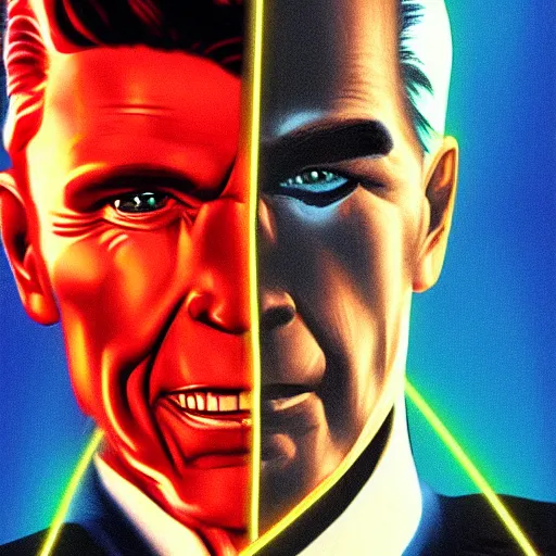 Image similar to ronald reagan as max headroom, cyberpunk, portrait, synthwave, neon, 8 0 s aesthetic, science fiction, artistic, artstation