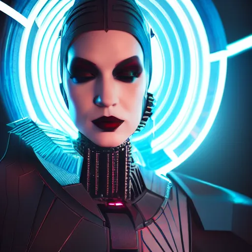 Image similar to evil cyberpunk queen inspired avant-garde art, deco fashion, highly detailed, photorealistic portrait, bright studio setting, studio lighting, crisp quality and light reflections, unreal engine 5 quality render