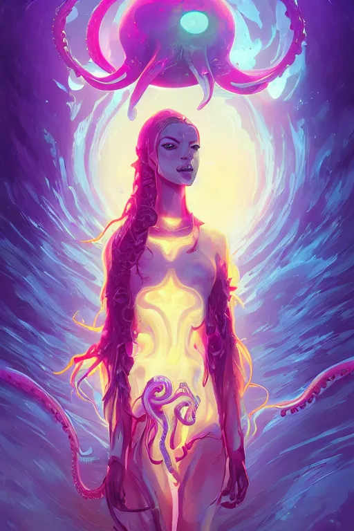 Image similar to alien goddess with octopus body, arcane fantasy bioluminance alena aenami artworks in 4 k design by lois van baarle by sung choi by john kirby artgerm and greg rutkowski and magali villeneuve