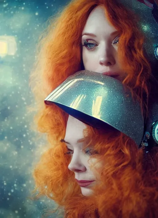 Prompt: upper body photograph portrait of a very pretty!!! christina hendricks in starfield, symmetric face, petzval lens. out of focus, in an astronaut costume. futuristic helmet with neck protection, space station. by alesio albi and george lucas and stanley kubrick