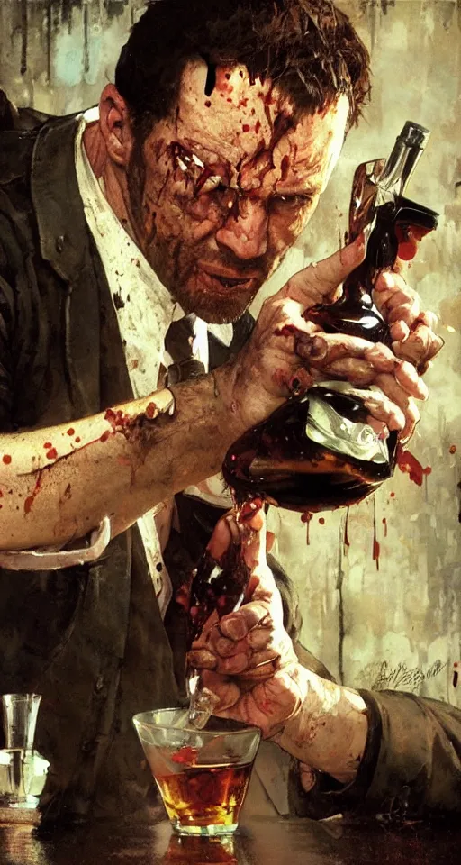 Image similar to close up of bloodied max payne pouring a drink, sun shining, photo realistic illustration by greg rutkowski, thomas kindkade, alphonse mucha, loish, norman rockwell.