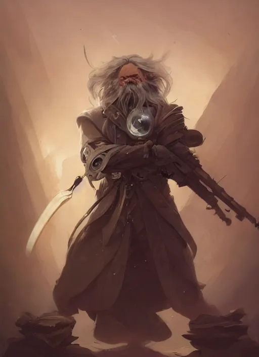 Prompt: low angle picture of a weapon master, holding a ego weapons to the camera, long black jacket, neat white beard and hair, scar on the eye, bored, tired, ego weapons all over the floors, smoking with squat down pose, highly detailed face, deep eyes, intricate, masterpiece, fantasy illustrations by peter mohrbacher and anato finnstark and jeremy lipking