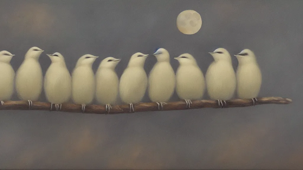 Prompt: a row of fat bearded reedlings, oil painting, midnight, moonlight, full moon, highly detailed, intricate, hyper realistic