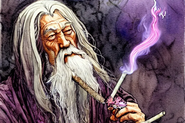 Image similar to a realistic and atmospheric watercolour fantasy character concept art portrait of gandalf with pink eyes lying on his back looking happy and confused and smoking weed out of his pipe with a pot leaf nearby, by rebecca guay, michael kaluta, charles vess and jean moebius giraud