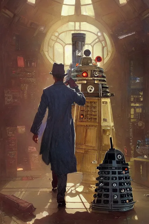 Image similar to Second Doctor, Dalek, TARDIS, by Stanley Artgerm Lau, greg rutkowski, thomas kindkade, alphonse mucha, loish, norman Rockwell