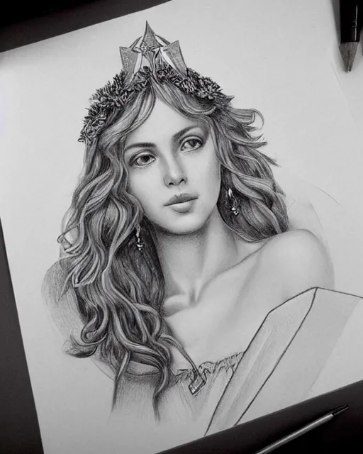 Image similar to pencil drawing of a beautiful greek goddess aphrodite wearing a laurel wreath and arrowhead earrings, beautiful confident eyes, beautiful flowing hair, hyper realistic face, in the style of artgerm, fantasy, amazing detail, epic, elegant, smooth, sharp focus, from the front, long shot