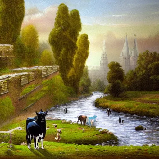 Image similar to A digital painting of a mossy cow in Moscow looking at a river. The cow is holding a wineskin and wears a rucksack. Husky dogs are swimming in the river.