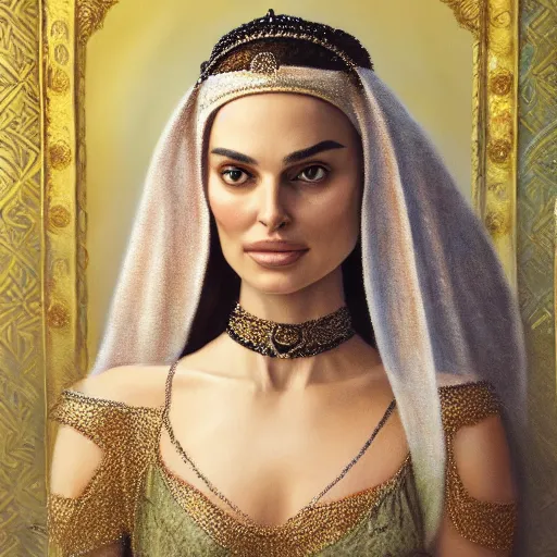 Prompt: a portrait of a woman who looks like a mix of natalie portman and margot robbie as an arabian princess in a disney movie, crown!! oil painting, pale colors, high detail, 8 k, wide angle, trending on artstation,