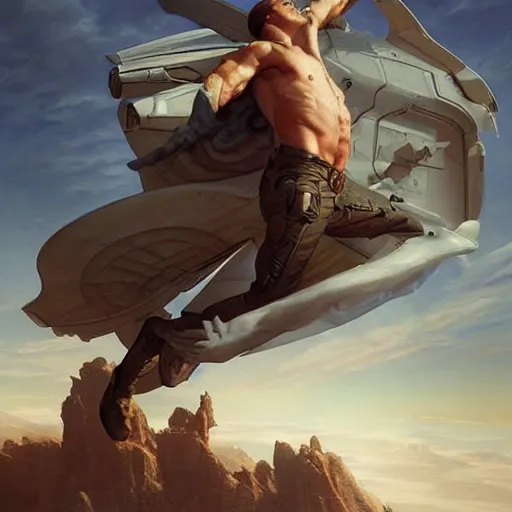 Image similar to a man flying through the sky. photorealistic. realism. 4 k wideshot. cinematic. unreal engine. masterpiece. rule of thirds. beautiful. artgerm. marc simonetti. jc leyendecker