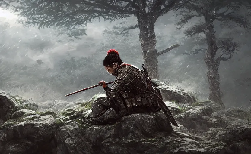 Image similar to highly detailed digital illustration of shinobi warrior meditating in wet japanese battlefield from sengoku period, surrounded by dense rock formations, high in mountains, cinematic lighting, photobash, raytracing, volumetric lighting