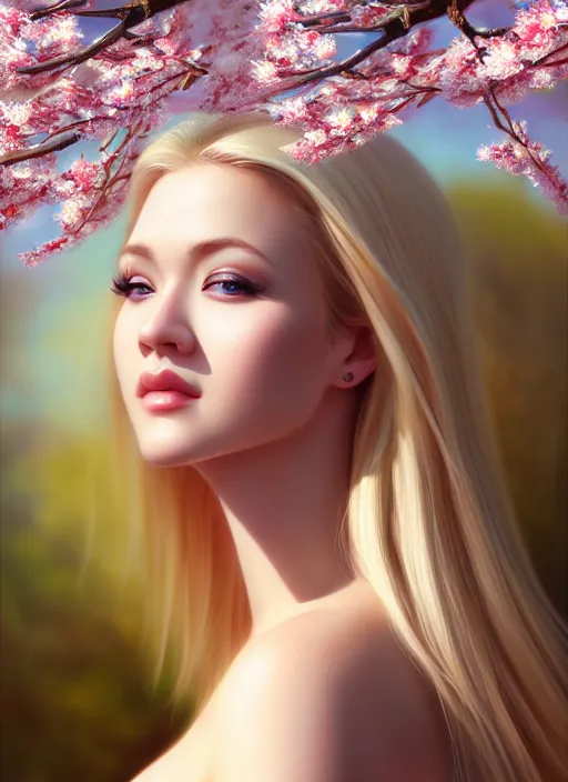 Image similar to photo of a gorgeous blonde female in the style of stefan kostic, realistic, half body shot, sharp focus, 8 k high definition, insanely detailed, intricate, elegant, art by stanley lau and artgerm, extreme blur cherry blossoms background